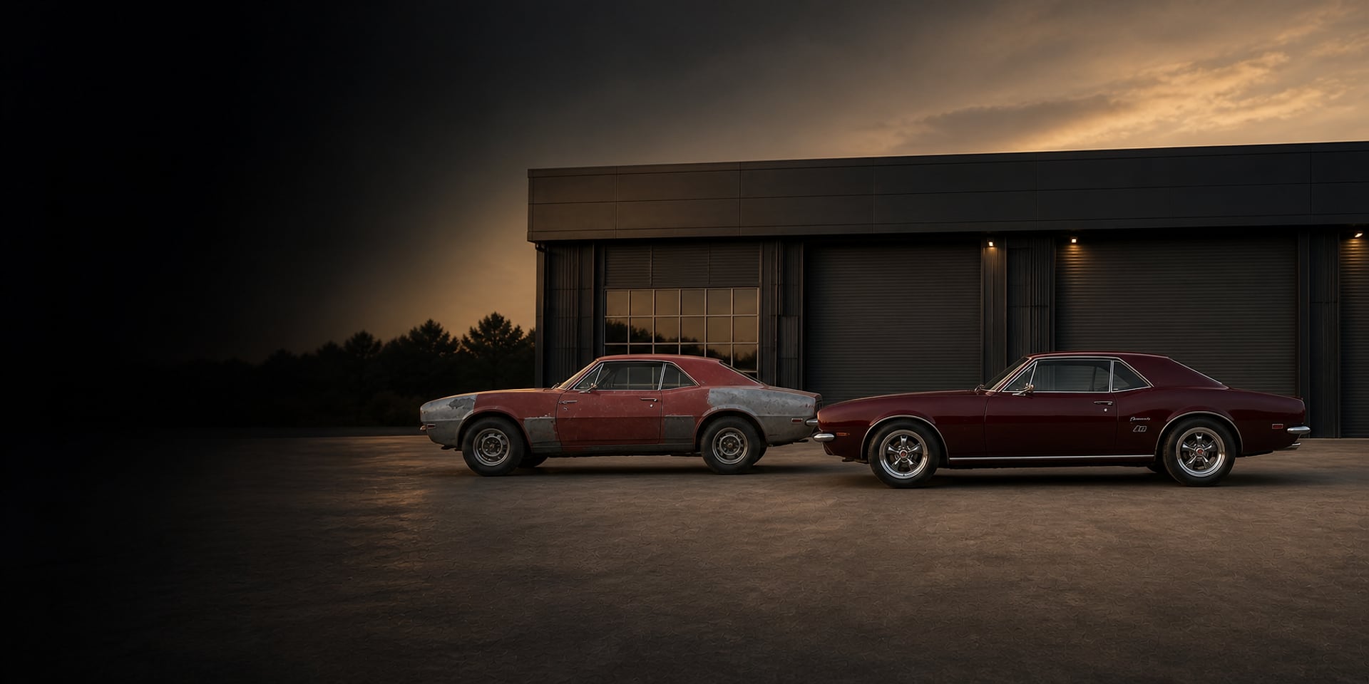 The same red classic Chevrolet Camaro shown beside itself in weathered and restored condition