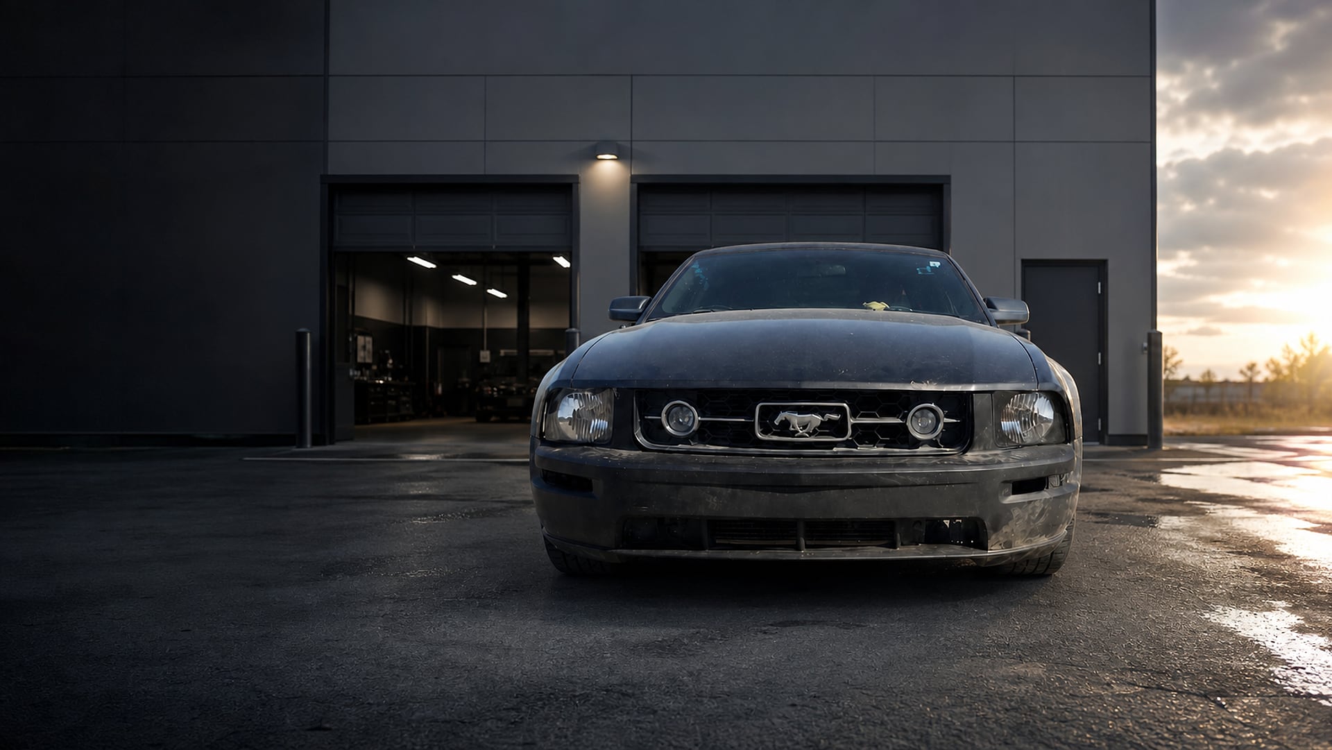 Black Ford Mustang shown during body repair