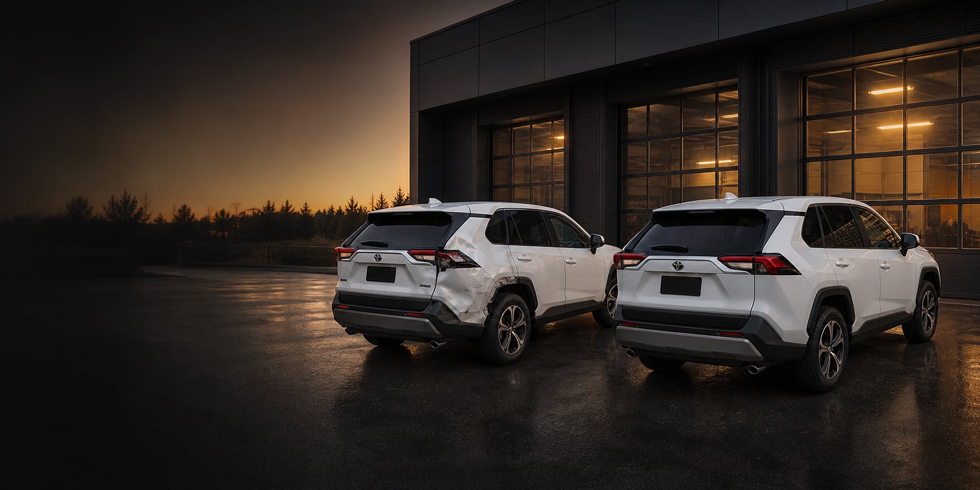 The same white Toyota RAV4 shown beside itself with rear-quarter damage and after repair
