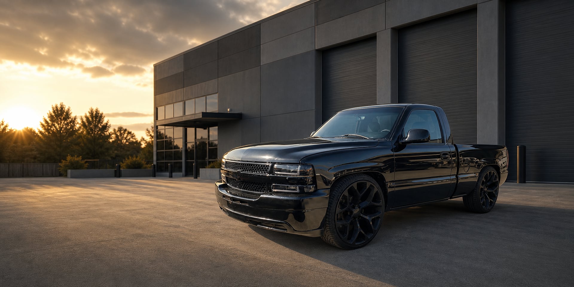 Black custom single-cab pickup featured in the Victory Auto Body hero